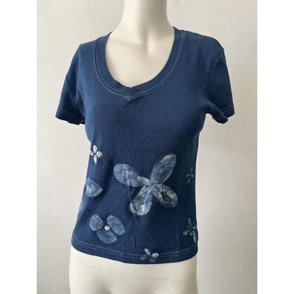 90s Ellemenno V Neck Blue White Graphic Floral Tee Short Sleeve Tee Large - Picture 1 of 7